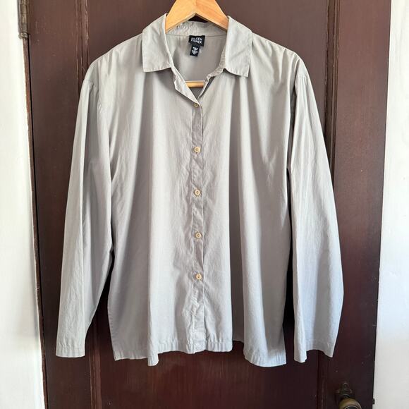 EILEEN FISHER | Gray Cotton Boxy Wide Sleeved Button Down Blouse | Medium - Picture 1 of 5